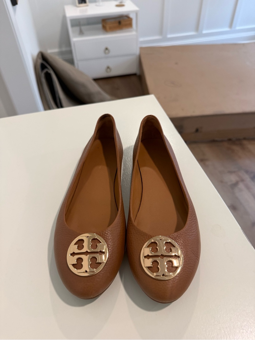 Tory Burch Brown Leather Logo Ballet Flats with Gold Emblem